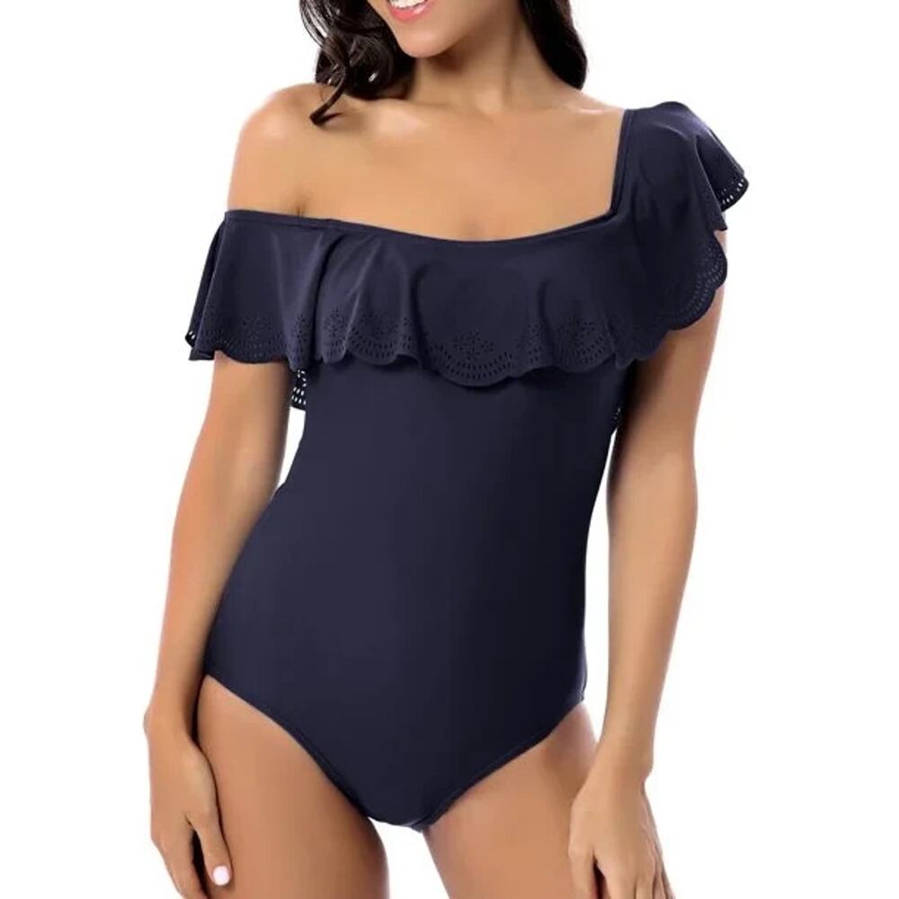 NWT ENVYA Off-or-Over Shoulder One Piece RUFFLED Navy Swimsuit Sz S Chic, Beach